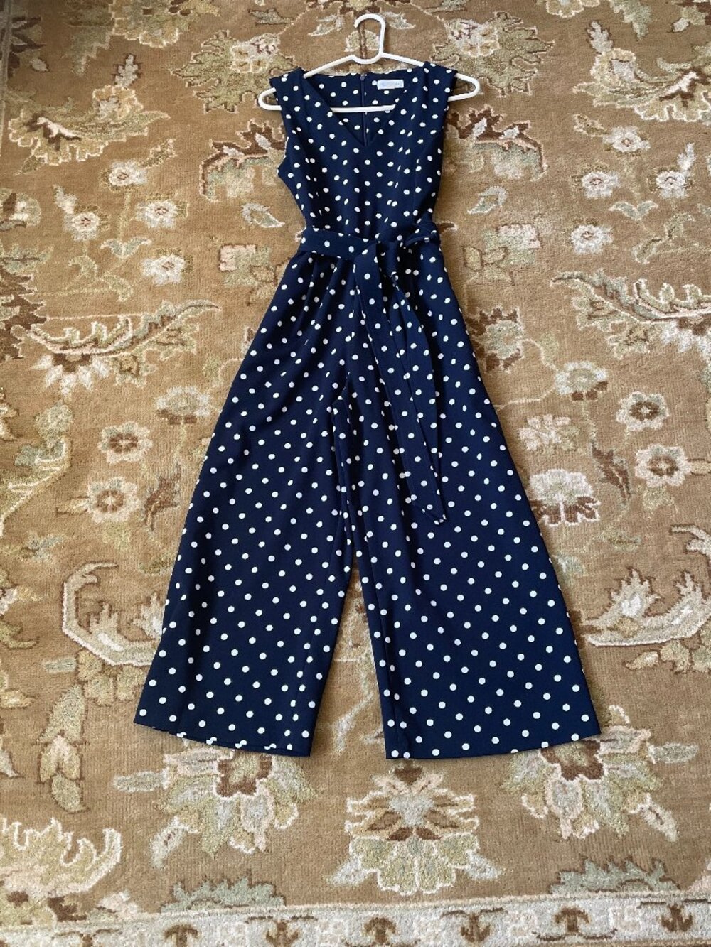 Calvin Klein Women's Navy Polka Dot Jumpsuit Size 6 Wide Leg Cropped